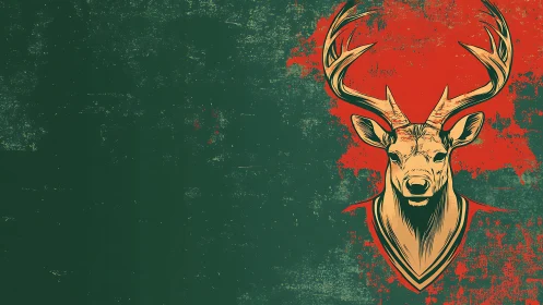 Regal stag on scarlet splatter against deep forest green.