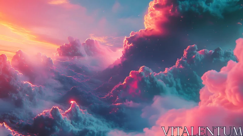 Vibrant digital sky with glowing pink and blue clouds.