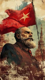 Stoic elder leader stands before a defiant red banner