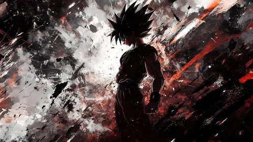 Silhouetted anime warrior stands amid explosive energy storm.