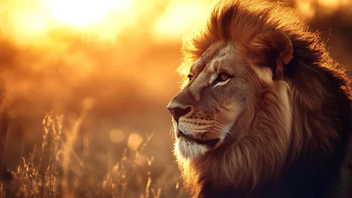 Lion portrait under golden savanna sunset light.