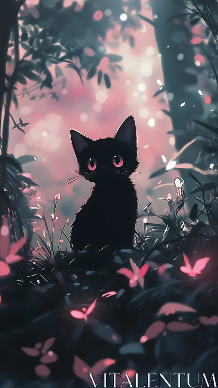 Enchanting black kitten watches glowing forest butterflies