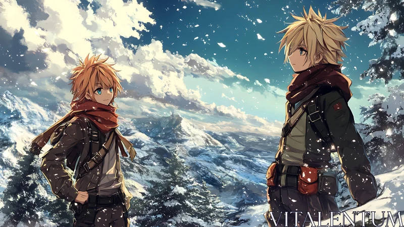 Two anime hikers stand in a detailed snowy mountain landscape