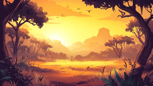 Golden Savanna Sunset with Acacia Trees and Wildlife.