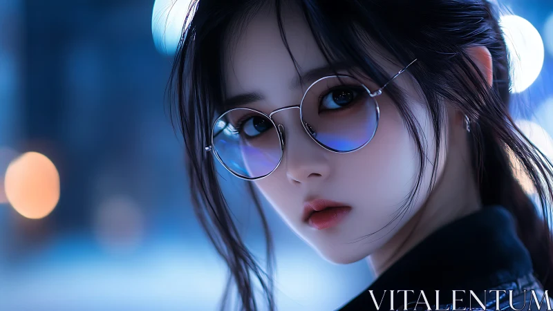 Soft city lights reflected in calm midnight glasses.