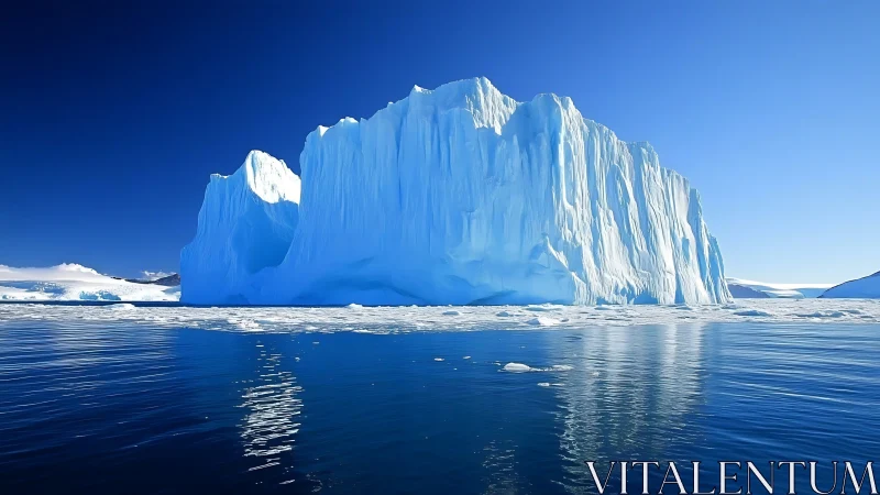 Towering blue iceberg rises over still polar water.