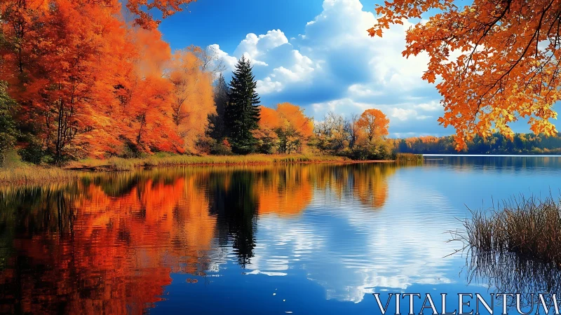 Autumn trees rehearse fiery reflections across a glass lake