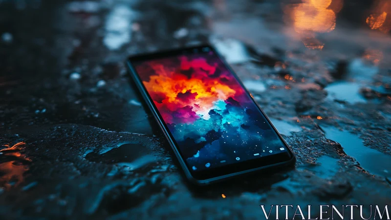 Smartphone displaying cosmic nebula wallpaper on wet terrain.