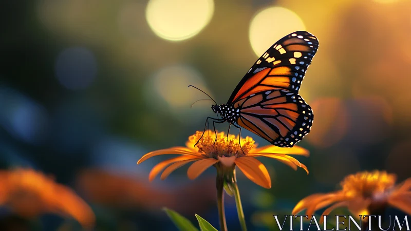 Monarch butterfly rests on orange flower in evening light