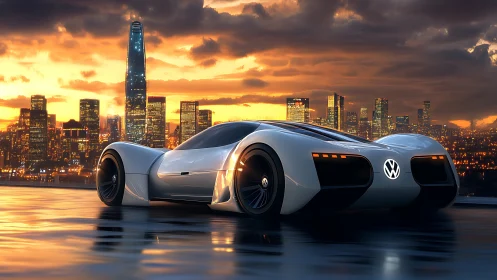 Sleek futuristic VW concept car glowing over sunset city.