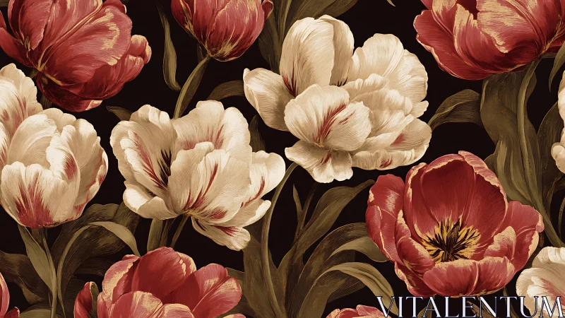 Red and cream tulips rendered with layered petal detail against dark background.