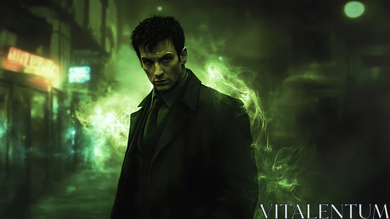 Neon fog detective wrapped in eerie emerald sorcery glow.