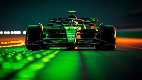 Hybrid F1-style single seater under neon green and orange track lighting.