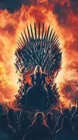 Fiery throne room crowns lone ruler above gathered warriors.