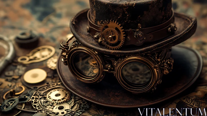 Steampunk hat with goggles and brass gear components on table.