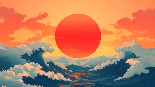 Crimson sun rises over storm-tossed neon waves at dawn.