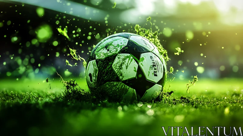 High-impact soccer ball impact disperses wet turf and green debris