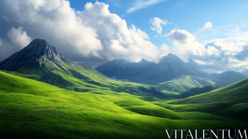 Sunlit green hills below dramatic mountain peaks.