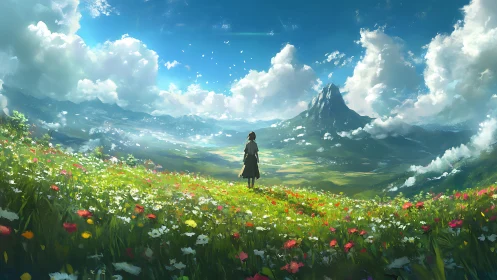Solitary figure facing vast mountain valley under bright sky.