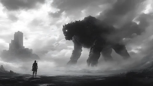 Lone wanderer calmly faces a towering mist-shrouded colossus