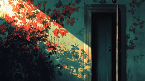 Sunlit leaves cast long shadows across half open door