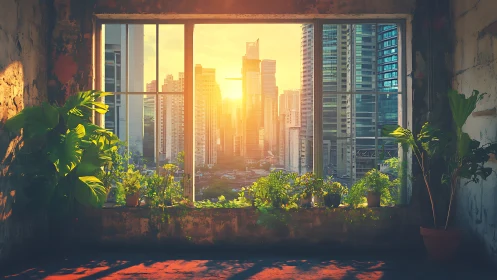 Sunlit jungle window quietly tames the rising city towers