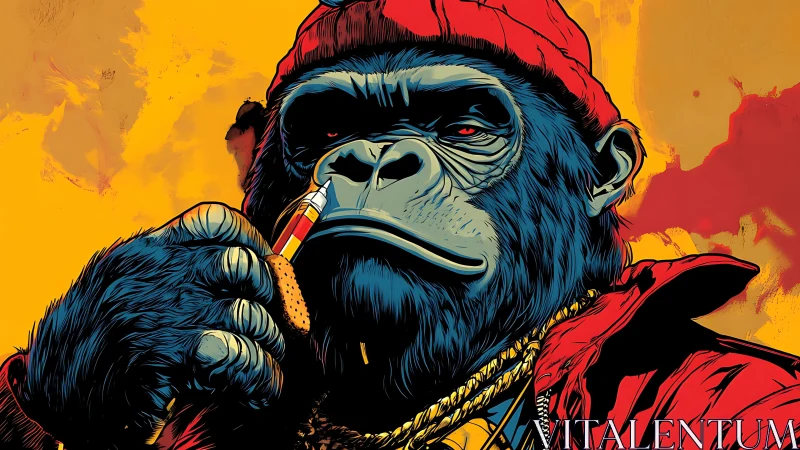 Gorilla in red clothing with cigar against orange backdrop.
