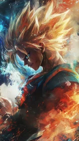 Dynamic anime portrait in fiery brushstroke abstraction.