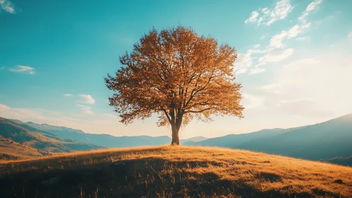 Solitary autumn tree on sunlit hill, vibrant landscape photography.