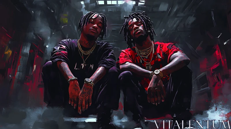 Digital painting of urban duo in gritty cinematic alleyway.