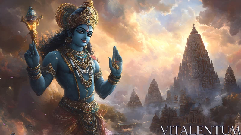 Serene blue deity blessing misty temple spires at sunrise.