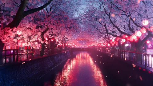 Lantern-lit cherry river dreaming in neon twilight hush.