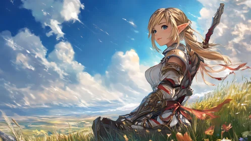 Elf warrior resting in sunlit meadow under vast sky.