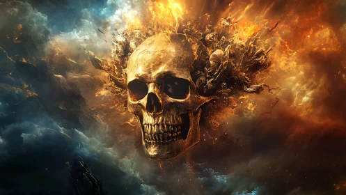 Burning human skull amid stormy clouds and fiery debris.