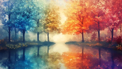 Twin seasons of fire and frost meet on a silent riverbank.