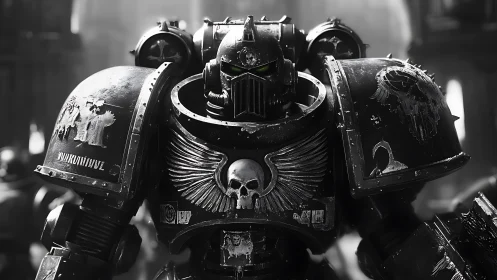 Armored sci fi super soldier in battle worn power armor.