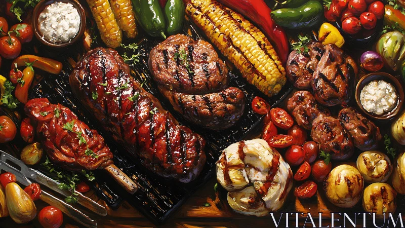 Sizzling feast of grilled meats and garden vegetables in color.