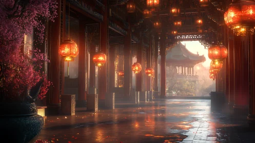Lantern lit palace corridor with distant pavilion at dusk.