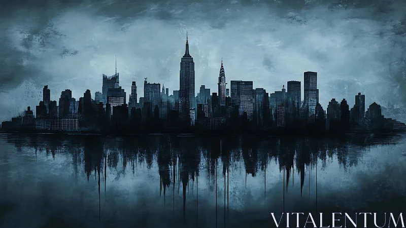 Nocturnal waterfront skyline silhouette with mirrored reflection