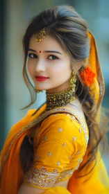Portrait in vibrant sari with ornate jewelry and shallow depth of field