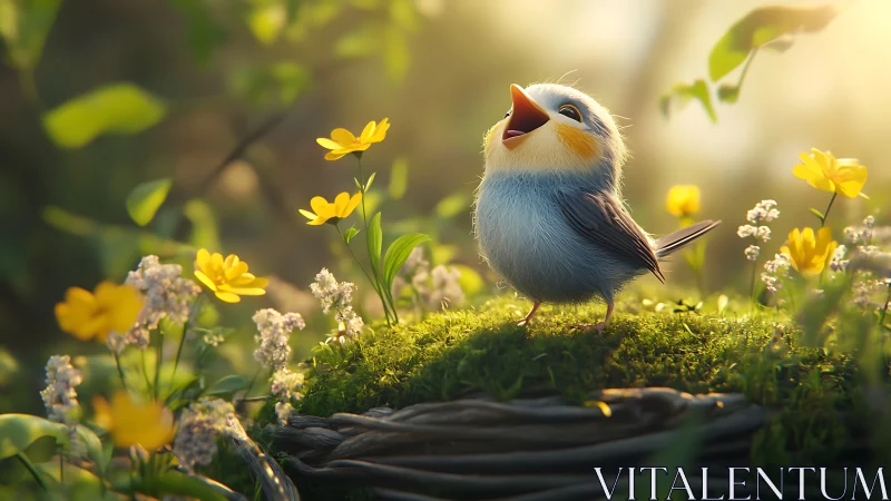 Whimsical baby bird singing on mossy nest in magical sunlight.