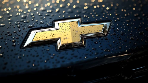 Chevrolet bowtie emblem on wet dark vehicle surface.