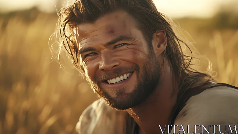 Photorealistic rustic portrait in golden-hour backlight field.