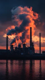 Fiery factory smokestacks pour clouds into sunset sky.