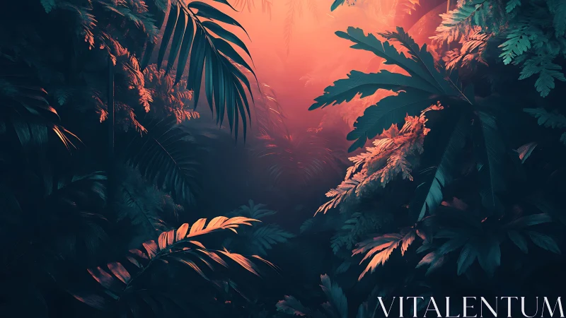 Bioluminescent jungle canopy with dramatic coral light penetration through layered foliage.