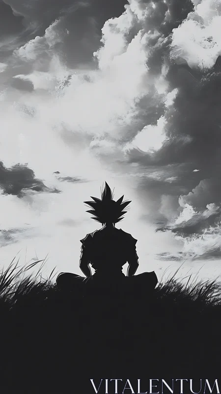 Silhouetted warrior meditating beneath dramatic storm clouds.