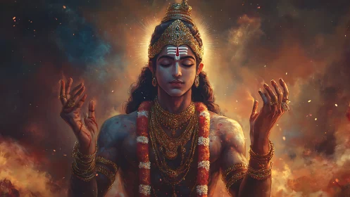 Radiant deity in tranquil cosmic meditation and glowing light.
