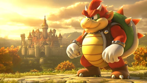 Spiked turtle warrior guards golden castle at sunset.