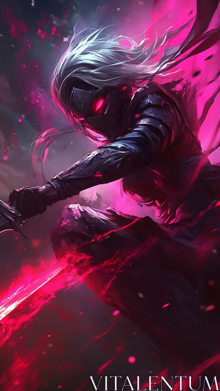 Crimson energy swirls around a masked warrior in mid-strike