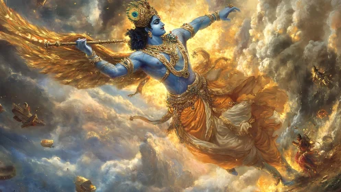 Celestial blue deity ascends through incandescent storm clouds